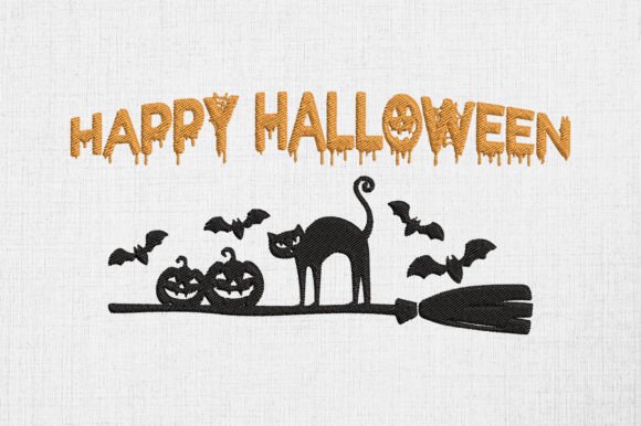 Black Cat on Broomstick Halloween Embroidery Design