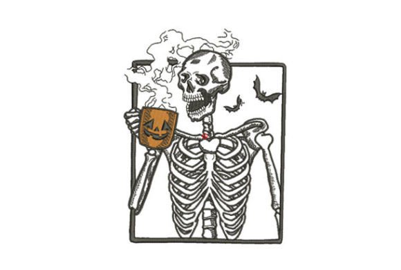 Halloween Coffee Drinking Skeleton Embroidery